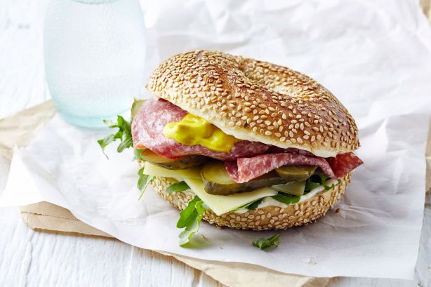 Salami and Swiss cheese bagel sandwich.jpg