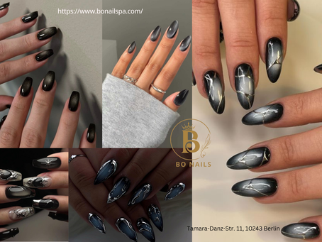 Matte Black & Silver Foil Nails – Luxuslook bei BO NAILS SPA Berlin