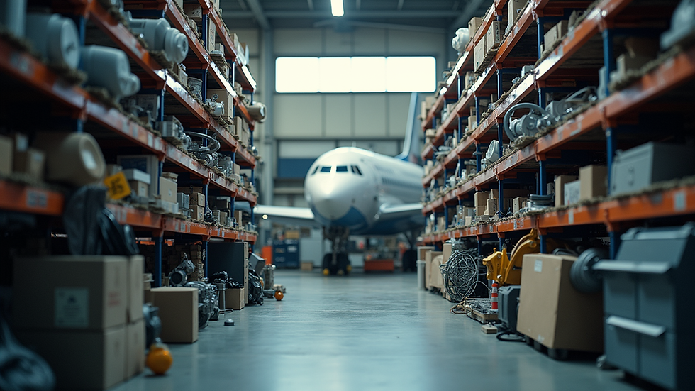 Eye-level view of airplane parts organized in a workshop