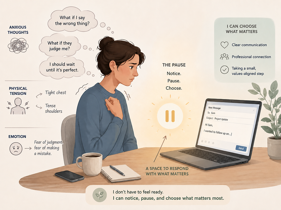 Person pausing before answering a difficult email and choosing a values-based response using ACT therapy skills