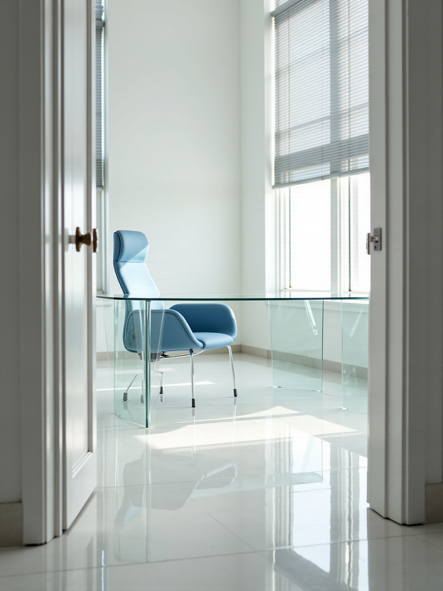 Modern office with glass table, blue chair, and bright natural light