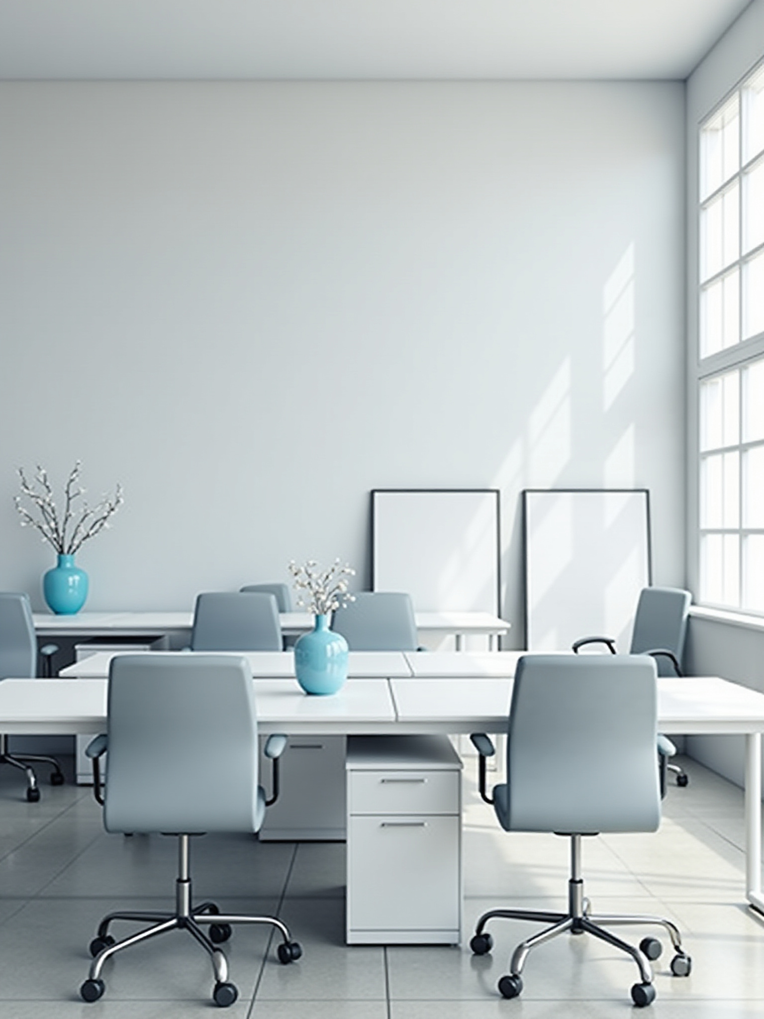 Modern office with desks, chairs, vases, and two framed blank white papers.