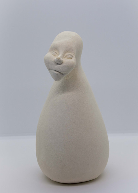 Hand modelled ceramic sculpture of human figure with cone shaped body, white stoneware.