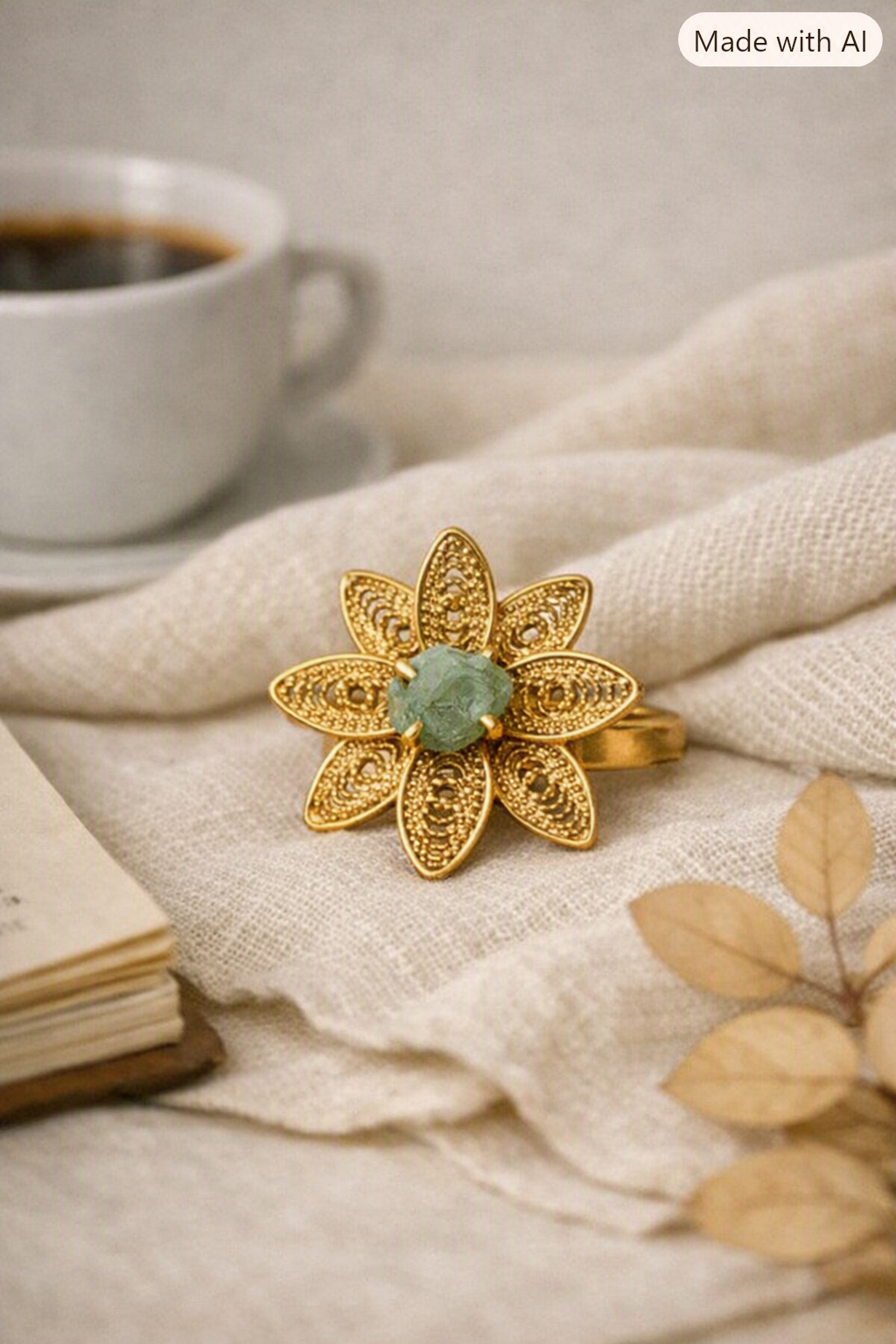 Raw Emerald Gold plated adjustable ring