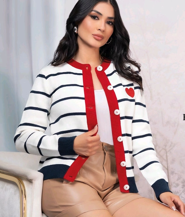 Thumbnail: KStriped Knit Cardigan with Embroidered Heart 