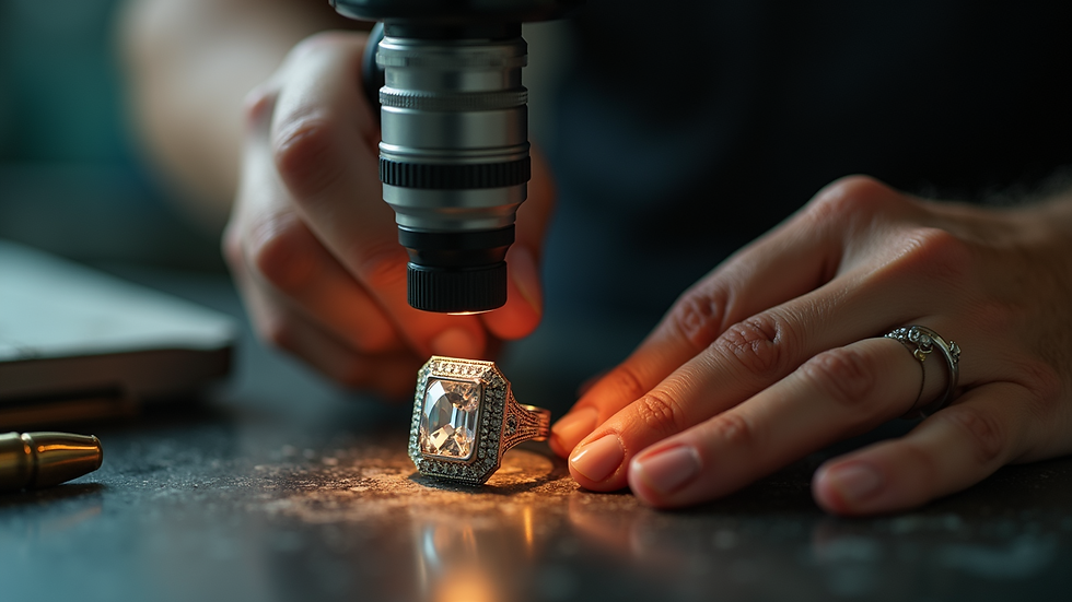 Eye-level view of a jeweler inspecting a vintage ring under magnification