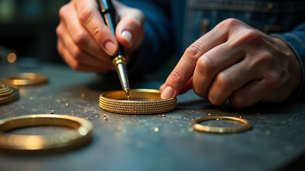 Eye-level view of a jeweler polishing a gold bracelet on a workbench