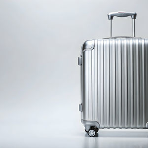 A shiny, ridged silver suitcase with an extended handle stands on a light grey surface against a plain light background.