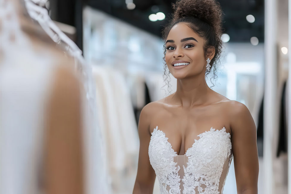 A light-skinned woman with curly brown hair pulled up is smiling and looking at the camera. She is wearing a strapless white wedding gown with a sweetheart neckline, intricate lace, and beaded details, along with sparkling drop earrings.