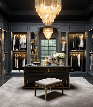 A luxurious walk-in closet features dark gray walls and cabinetry with gold accents, displaying rows of clothes. Two elaborate tiered chandeliers hang from the ceiling, illuminating a large central island adorned with white flowers and decorative items. In the foreground, a light-colored upholstered bench sits on a gray rug.