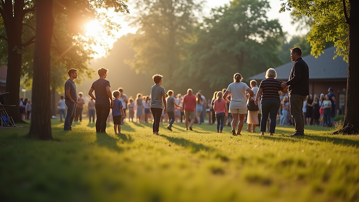 Eye-level view of a community gathering in a serene outdoor setting