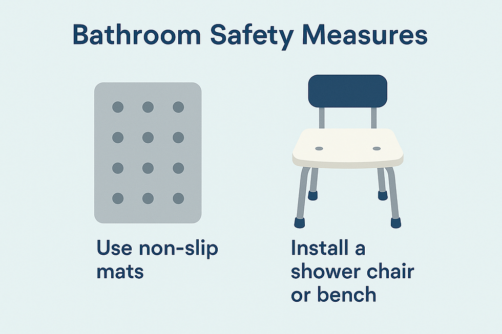 Essential bathroom safety tips: use non-slip mats to prevent falls and install a shower chair or bench for added support.