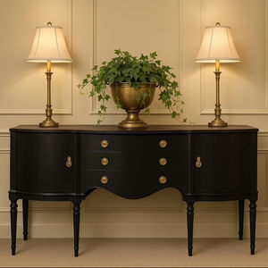 A black, antique-style sideboard with a curved front, featuring two cabinet doors and three central drawers, all adorned with brass hardware. This sideboard stands on six tapered legs.