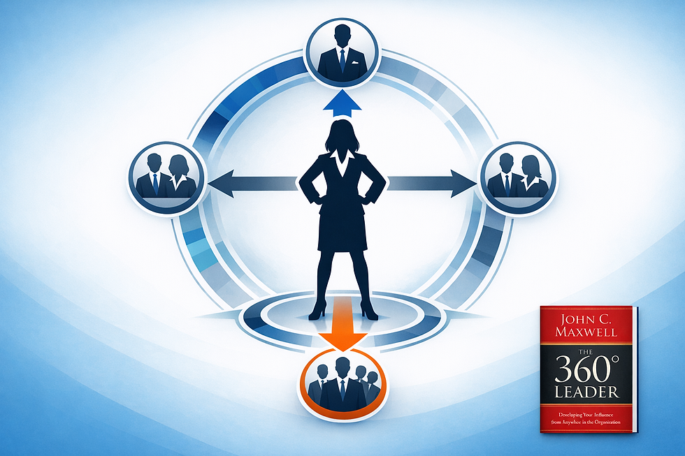 Modern leadership concept graphic showing a central business leader silhouette with arrows pointing upward to executives, sideways to peers, and downward to a team, surrounded by a circular 360-degree flow design in blue and gray tones