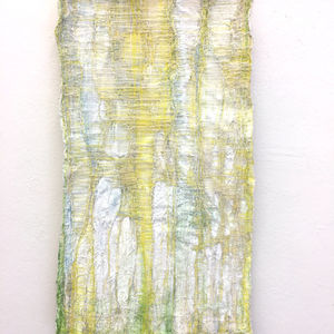'New Light' 

The beginning of the day when the light makes itself visible, vulnerable and hesitant. 
Still innocent, soft and pliable, diffused because her intensity is yet to come. 
Light that scatters itself, curiously exploring the day, playing and investigating the challenge to start something new.
Day after day.

Silk, plastic, oil paint, gesso