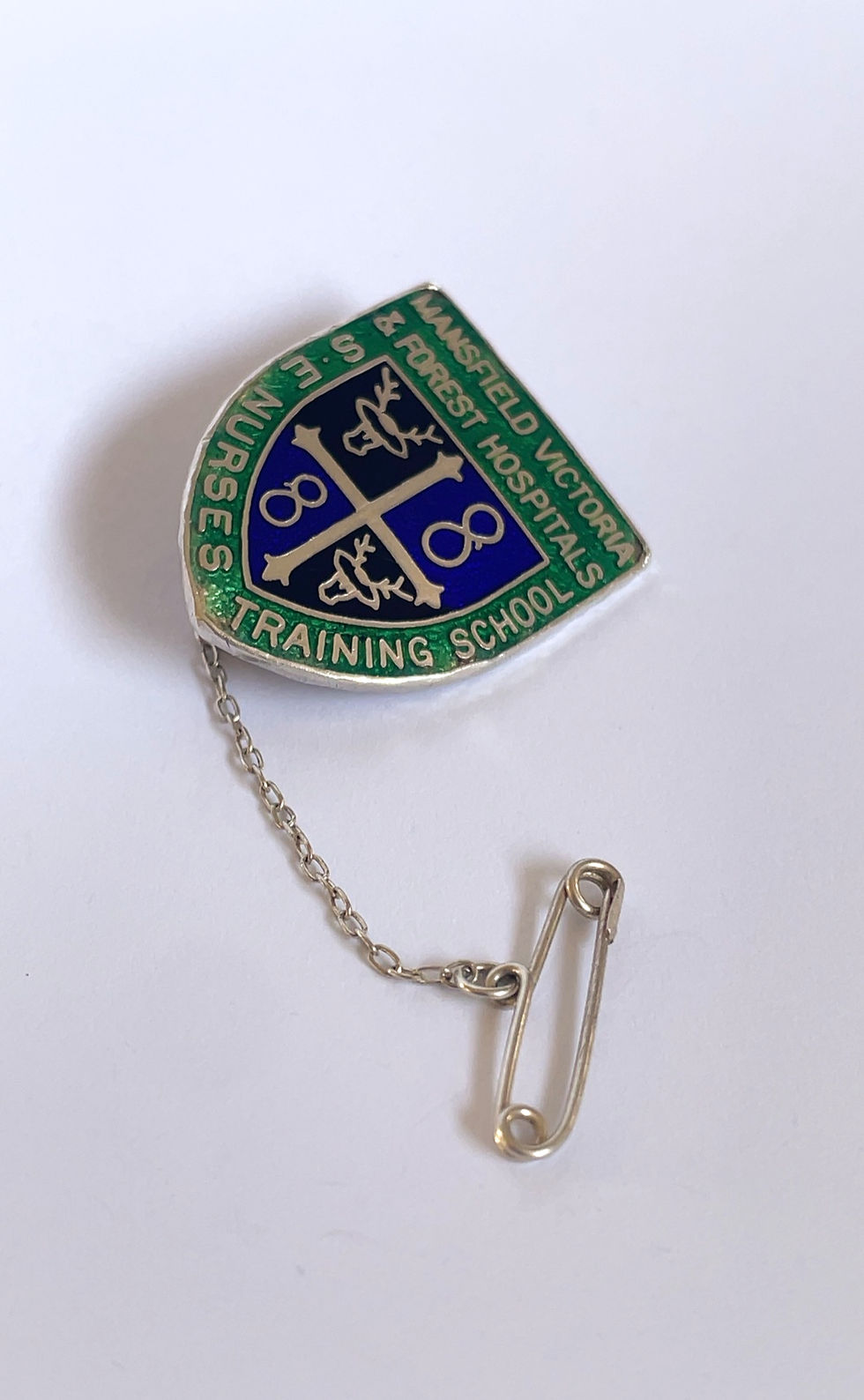 green and blue vintage nurses badge