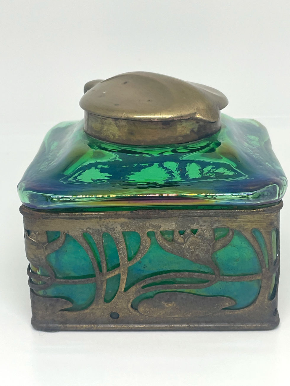 Thumbnail: art nouveau green glass inkwell