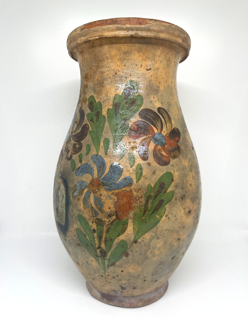 Thumbnail: vintage rustic brown clay jug with flower decals