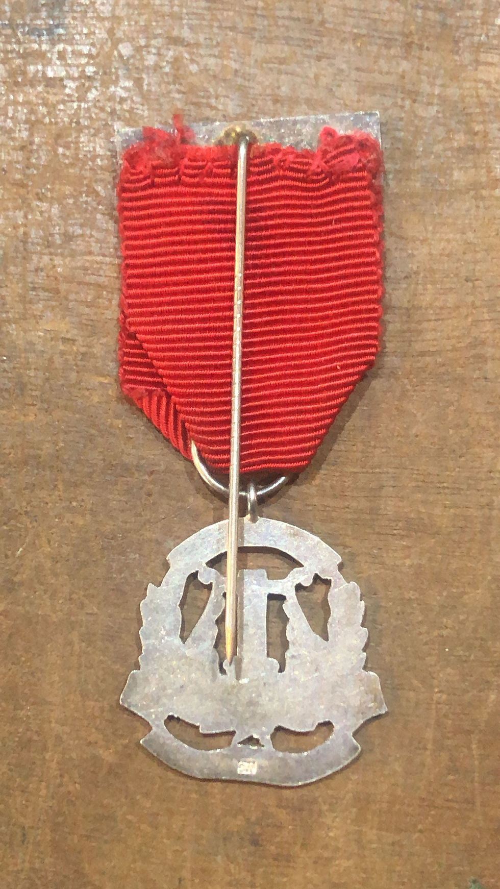 silver medals with red ribbon