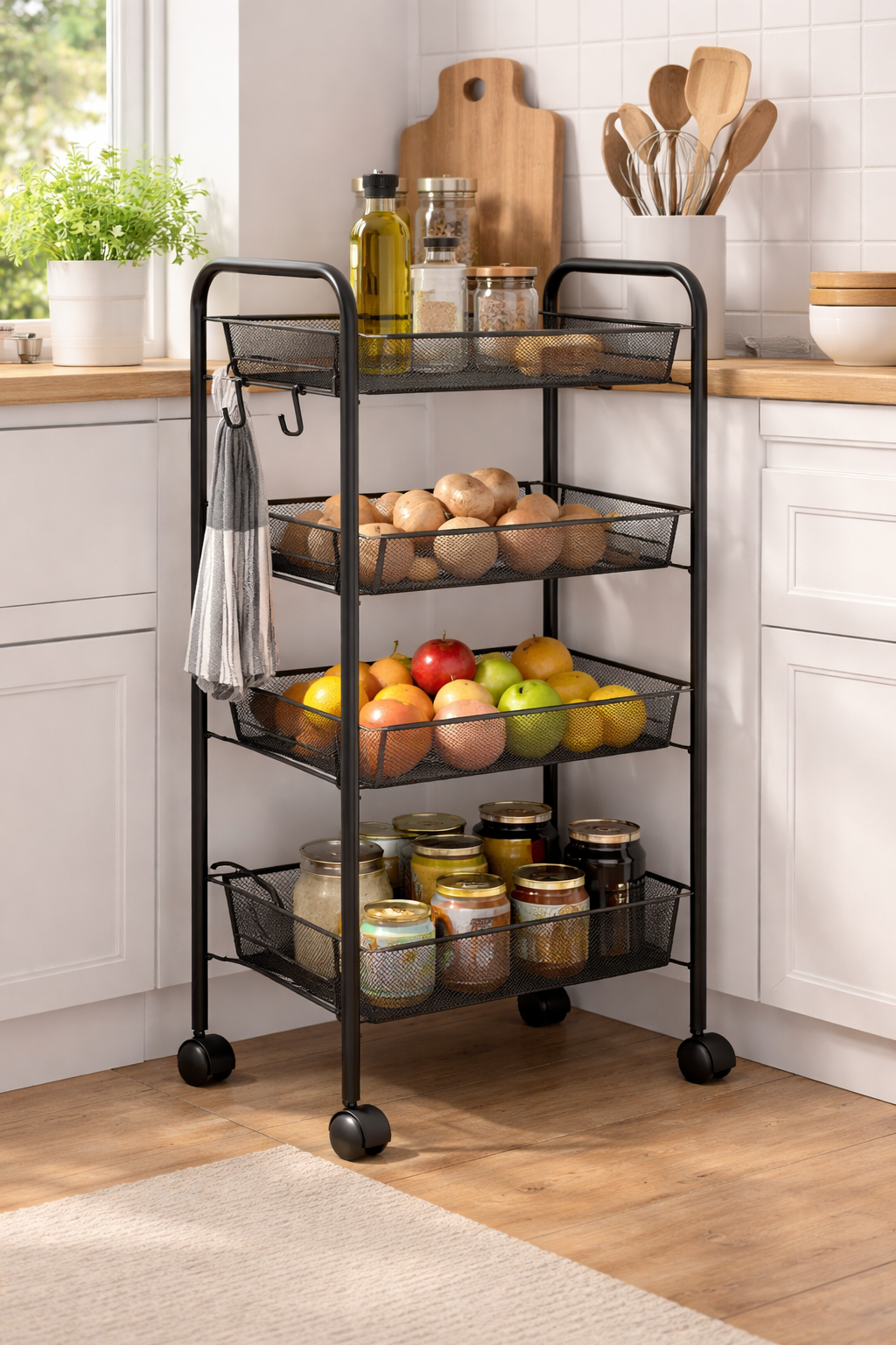 עגלת אחסון מתכת 4 קומות Mesh Black    