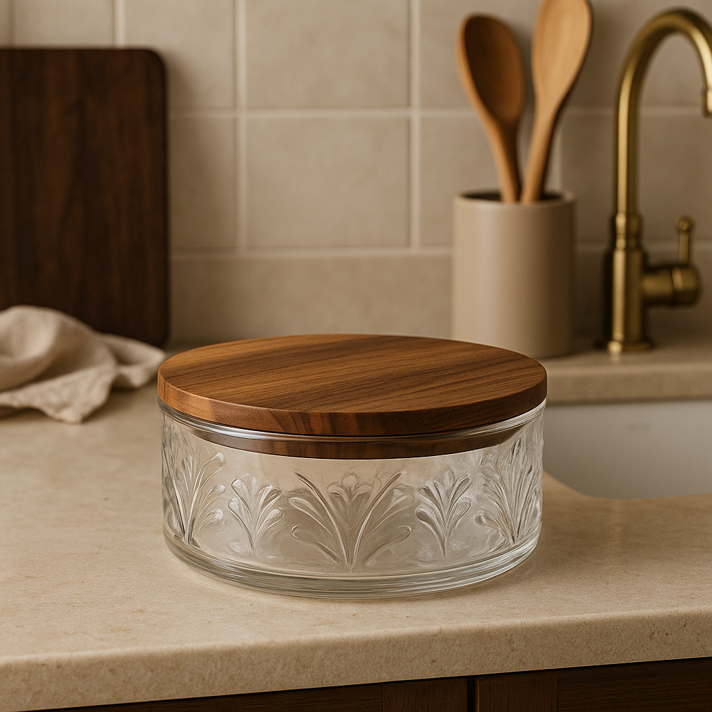 “קלאסיקו טאץ’” – כלי אחסון זכוכית עם מכסה עץ ואקום