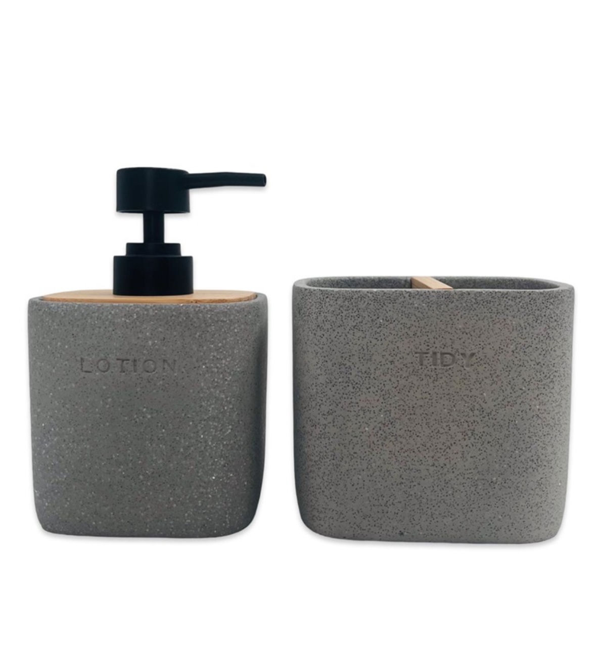 סט דיספנסר וכוס למברשות שיניים דמוי אבן עם מכסה במבוק