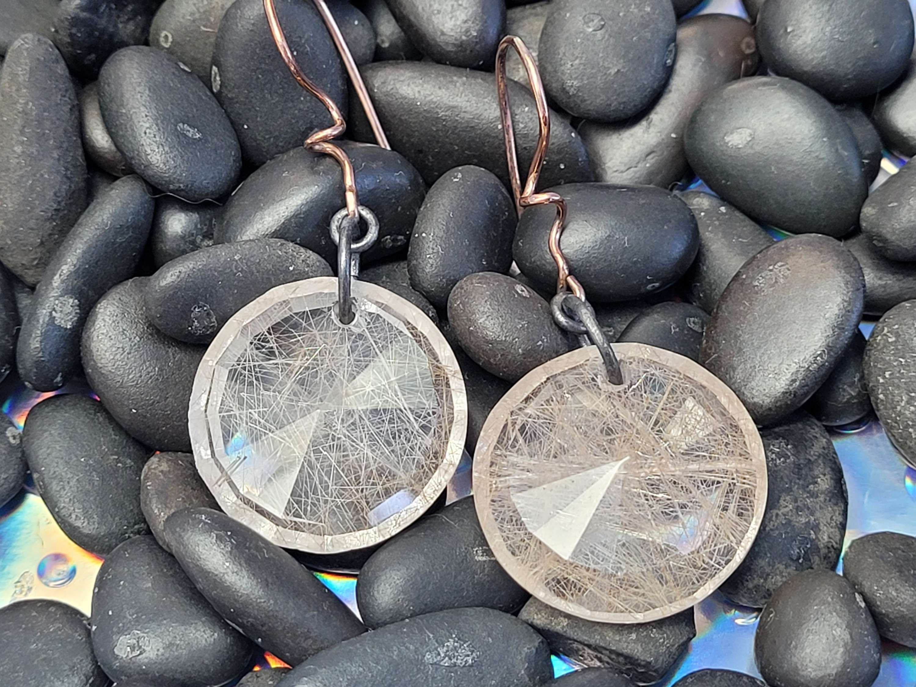 Rutilated quartz earrings with rose gold and Argentium silver