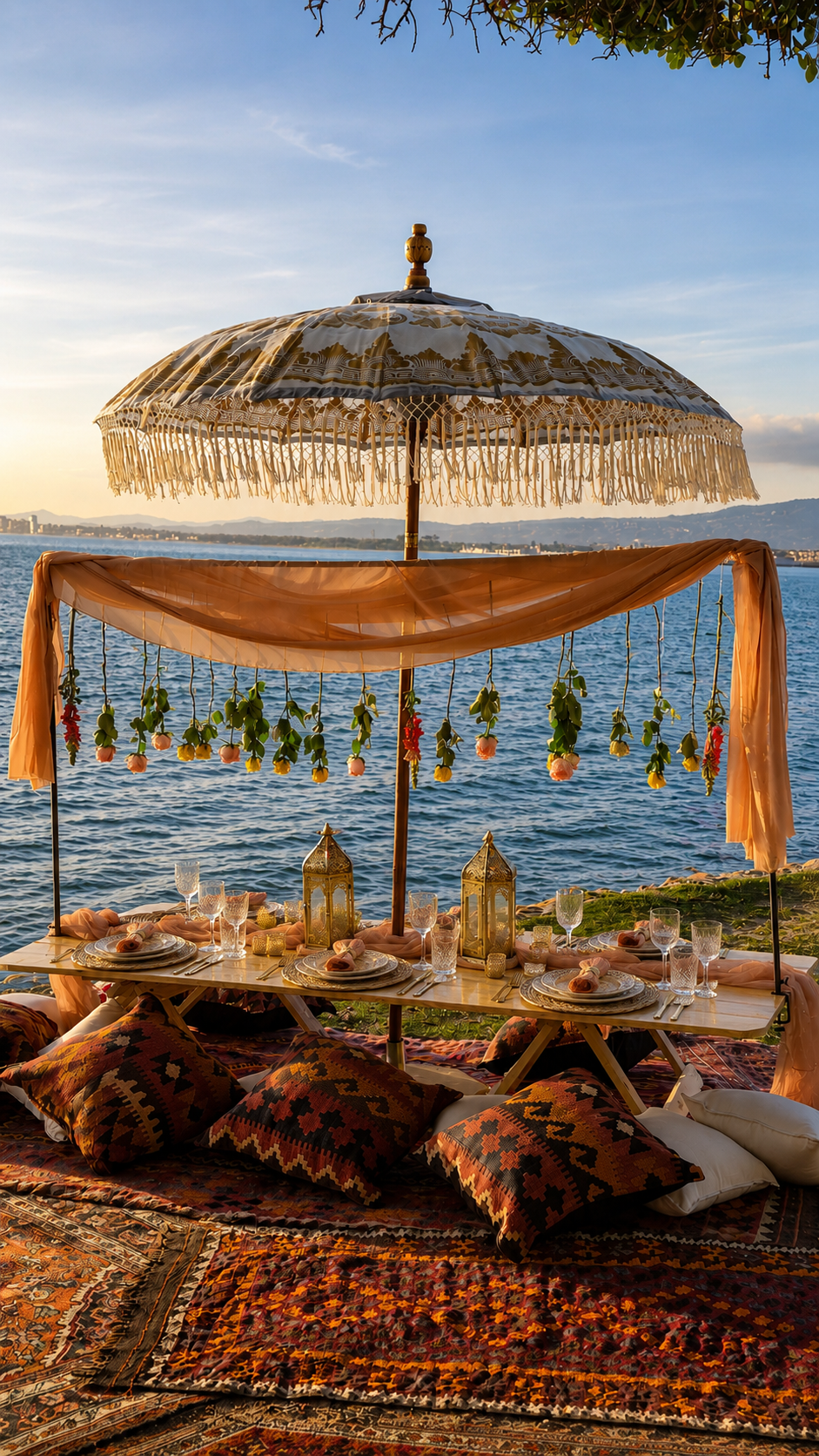 Styled picnic table with lanterns and florals at sunset