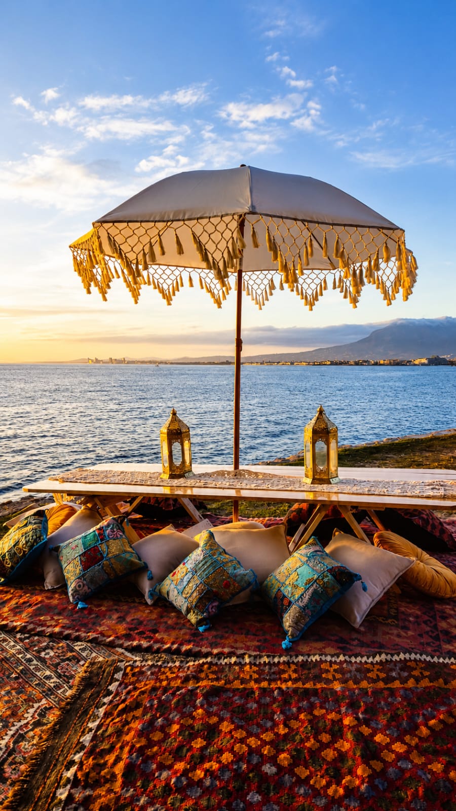 Individual scatter cushions and lanterns styled on a kilim rug