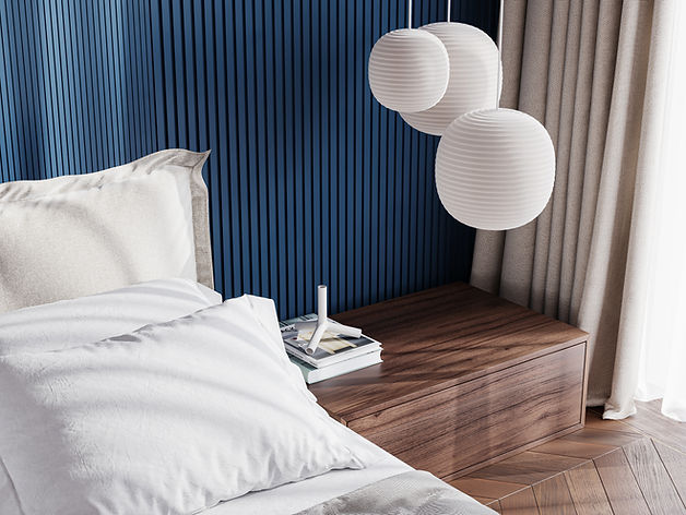 3D Wall pane WX204 Ripple. Painted blue behind a bed head stand.