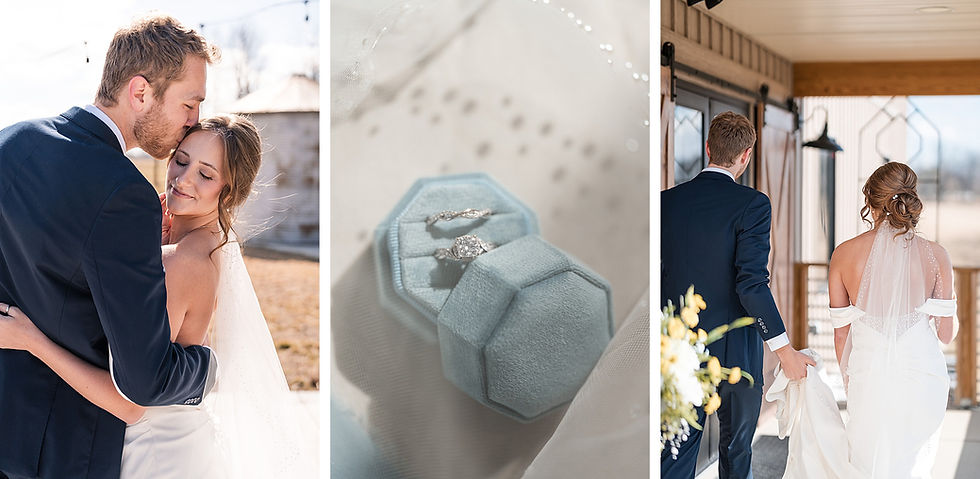 Bride and groom embrace outdoors; rings in a blue box; couple walks away holding hands, with bride in white dress indoors.