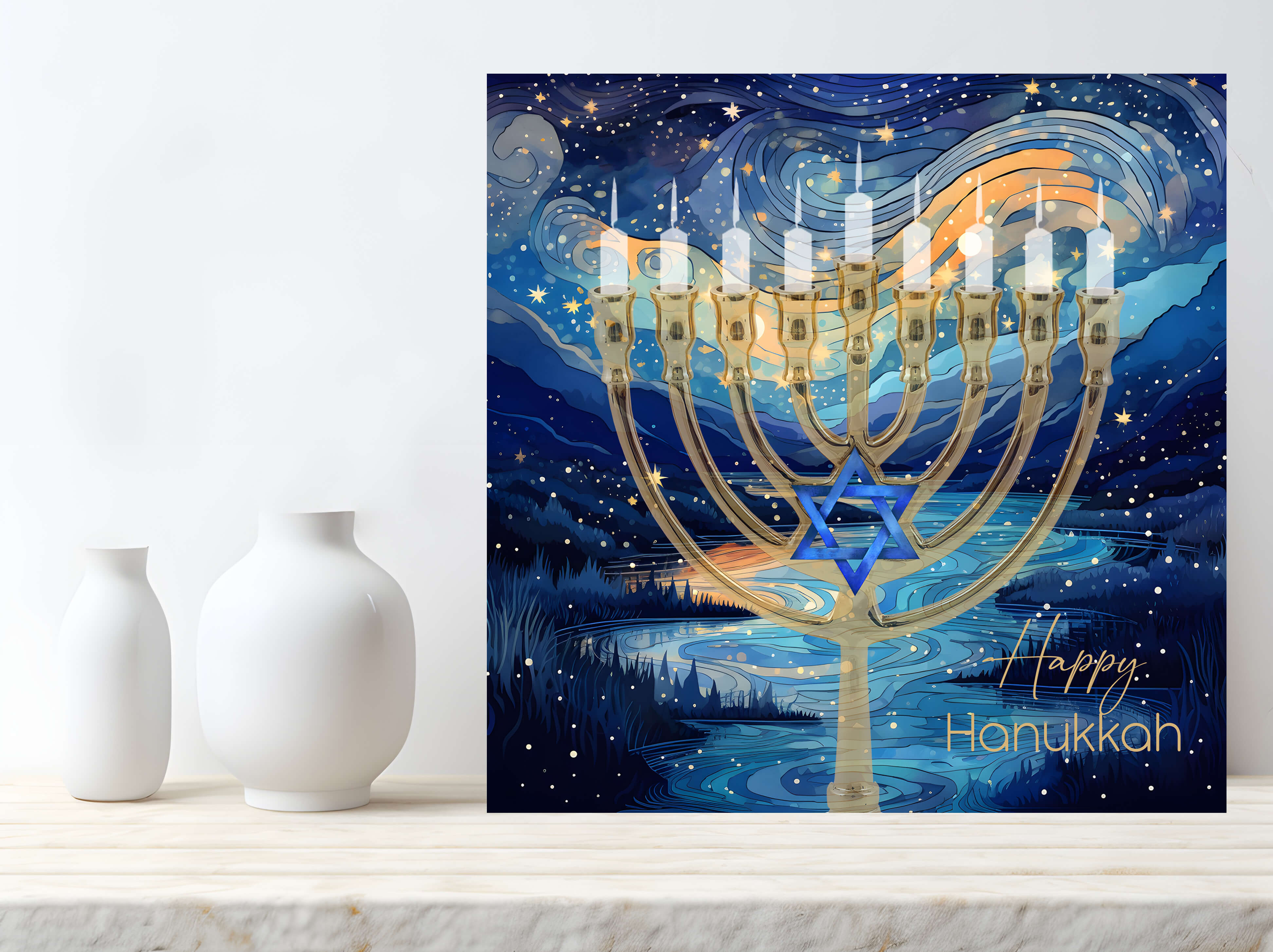 Happy Hanukkah Gold and Blue Menorah Card
