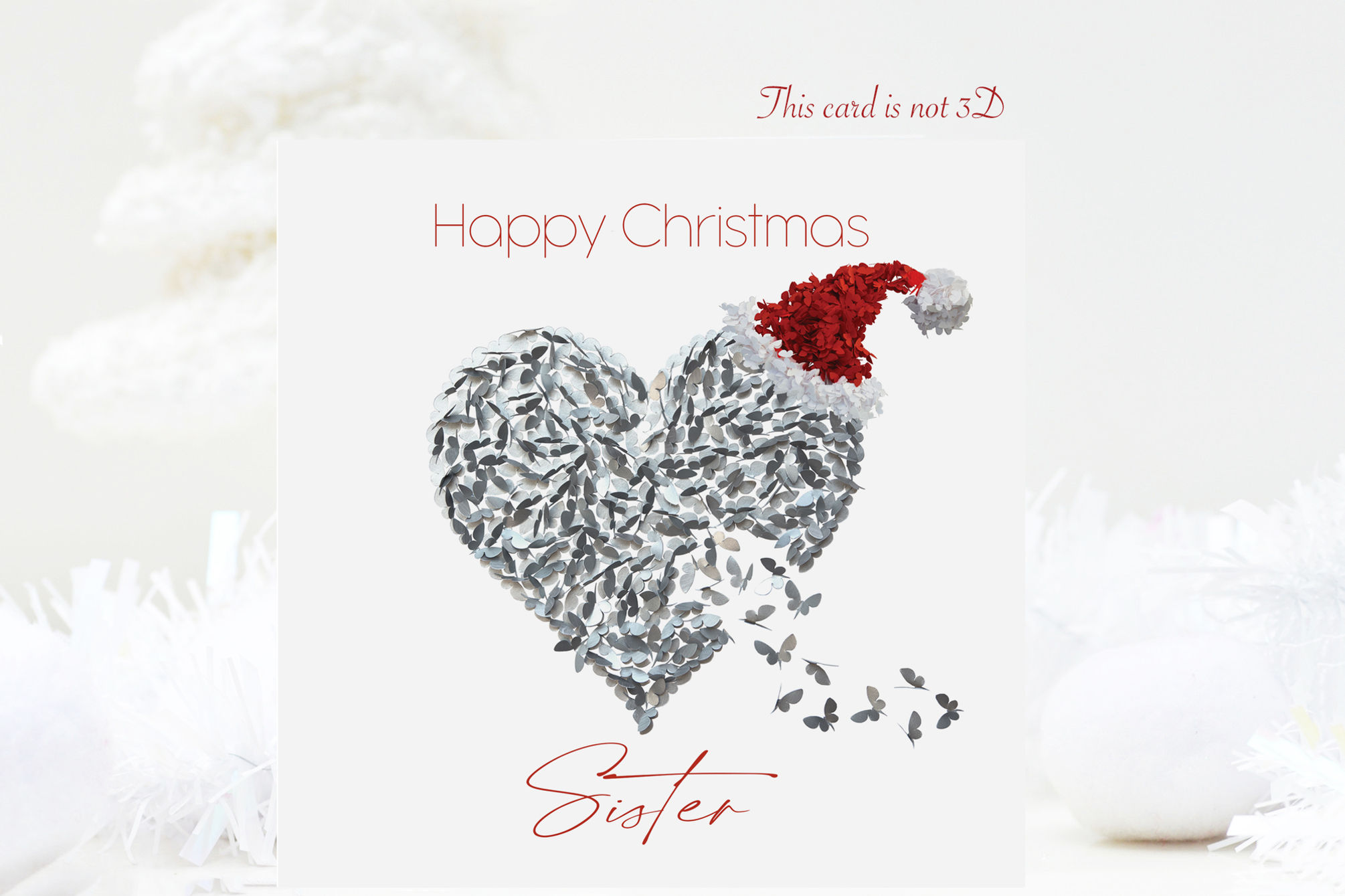 Sister Happy Christmas Silver Butterfly Heart Christmas Card