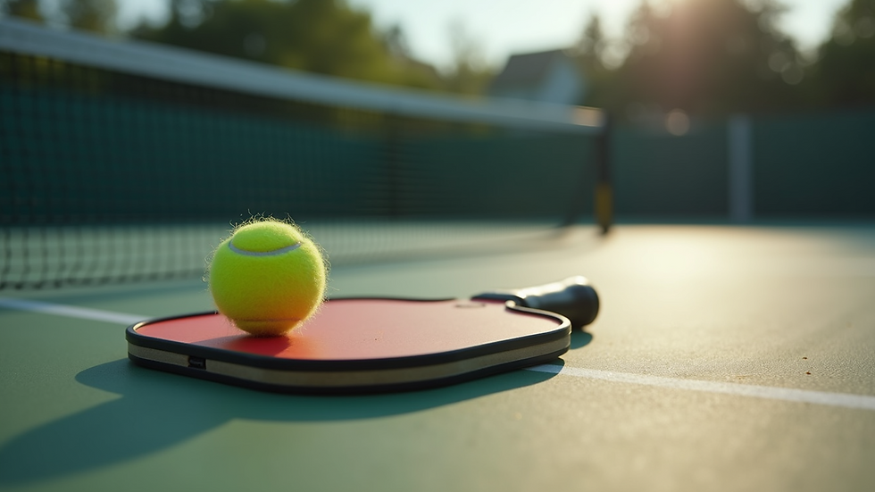 Close-up view of a pickleball paddle and ball on a cushioned court surface