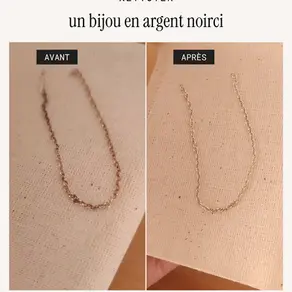 Comparaison d'une chaîne en argent 925 noircie avant nettoyage et après nettoyage — bijou Ceithre fait main