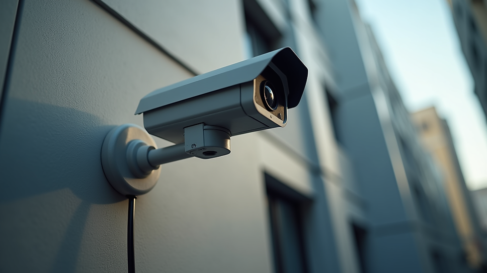 Close-up view of a CCTV camera mounted on a building exterior