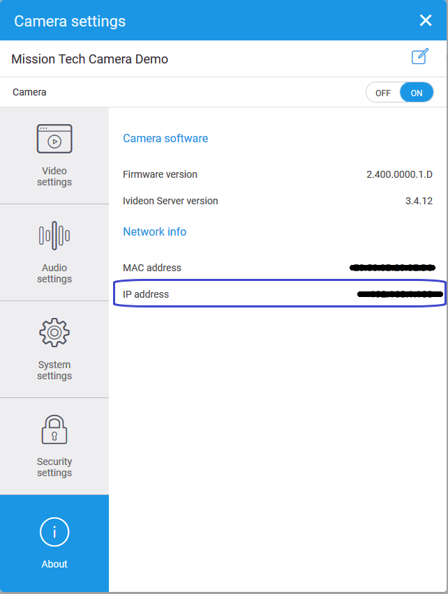 iVideon About Menu IP Address