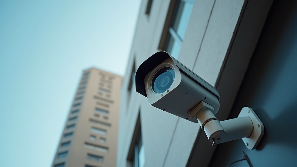 Eye-level view of a modern CCTV camera mounted on a building exterior