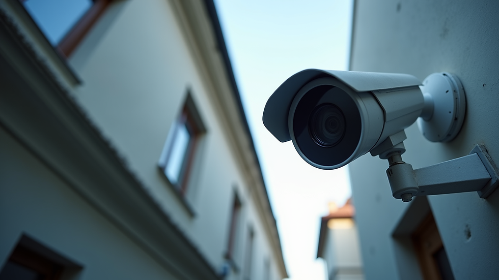Eye-level view of CCTV camera mounted on a building exterior