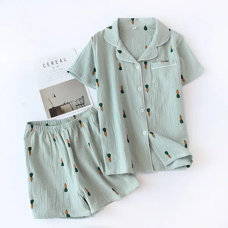Thumbnail: Ladies Pajamas Suit Summer Comfortable Cotton Gauze Lapel Pajamas Suit