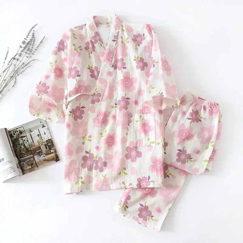 Thumbnail: Seven-Sleeve Japanese-Style Kimono Pajamas Set Female 100% Cotton Gauze