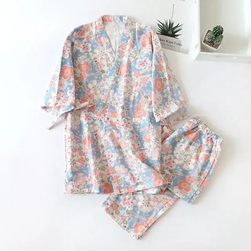 Thumbnail: Seven-Sleeve Japanese-Style Kimono Pajamas Set Female 100% Cotton Gauze