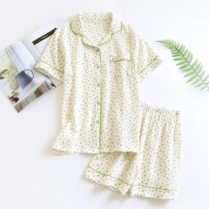 Thumbnail: Ladies Cotton Gauze Short Sleeve Shorts Pajamas Suit