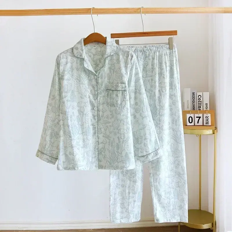 Thumbnail: 100% Gauze Cotton Long Sleeve Casual Sleepwear Women Pyjamas