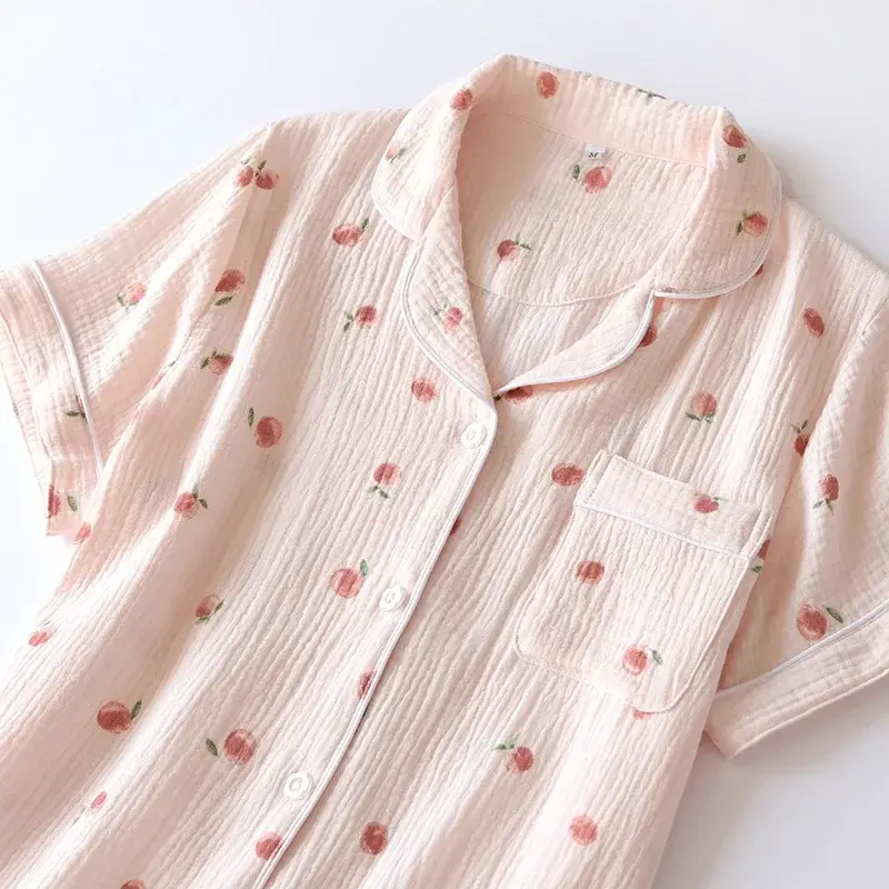 Thumbnail: Ladies Short-Sleeved Summer Shorts Pajamas Set 100% Cotton Crepe Cloth