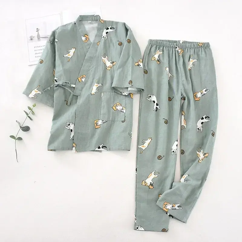 Thumbnail: Seven-Sleeve Japanese-Style Kimono Pajamas Set Female 100% Cotton Gauze