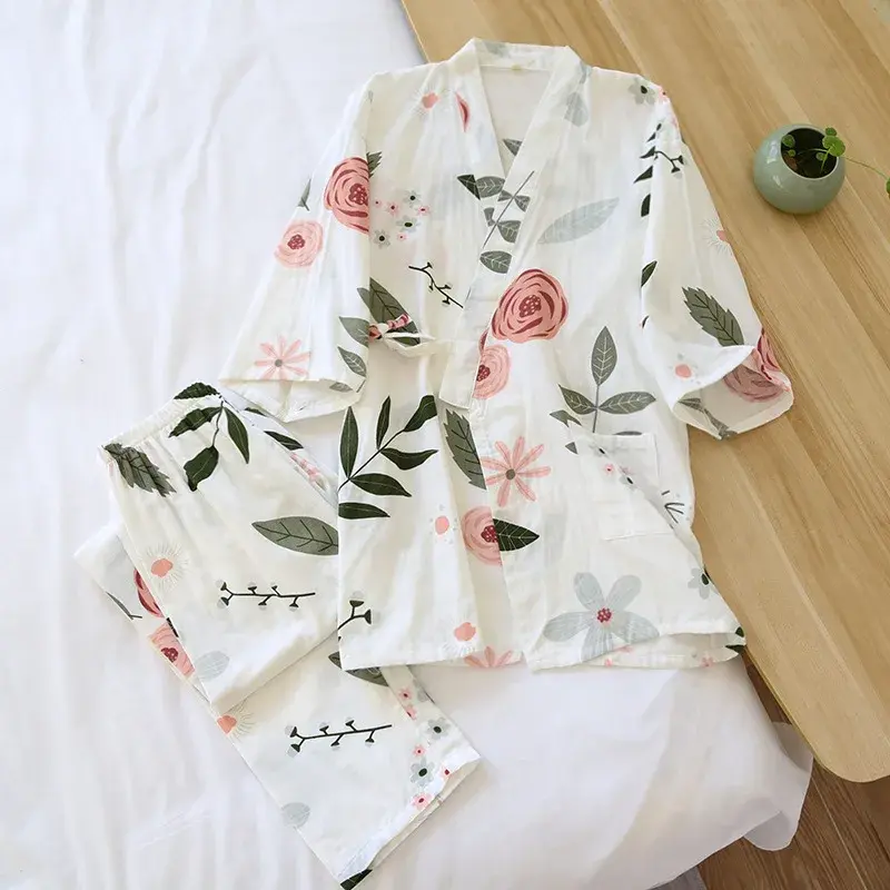 Thumbnail: Seven-Sleeve Japanese-Style Kimono Pajamas Set Female 100% Cotton Gauze