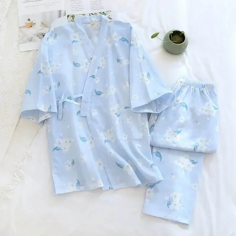 Thumbnail: Seven-Sleeve Japanese-Style Kimono Pajamas Set Female 100% Cotton Gauze