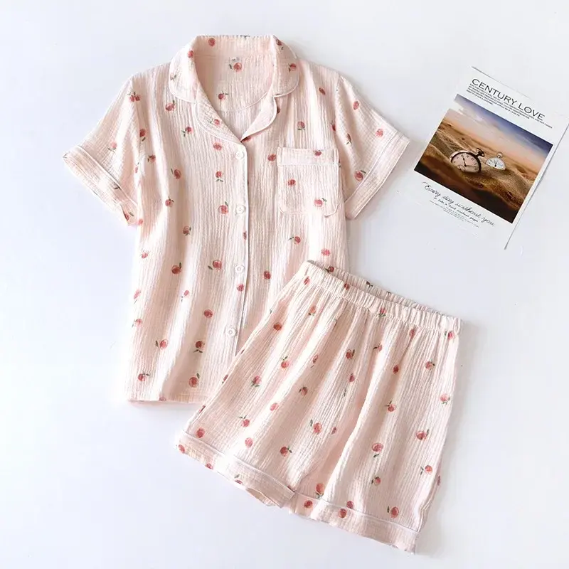 Thumbnail: Ladies Short-Sleeved Summer Shorts Pajamas Set 100% Cotton Crepe Cloth