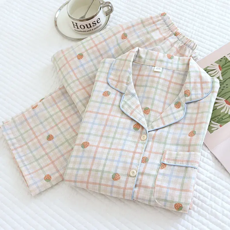 Thumbnail: 100% Gauze Cotton Long Sleeve Casual Sleepwear Women Pyjamas